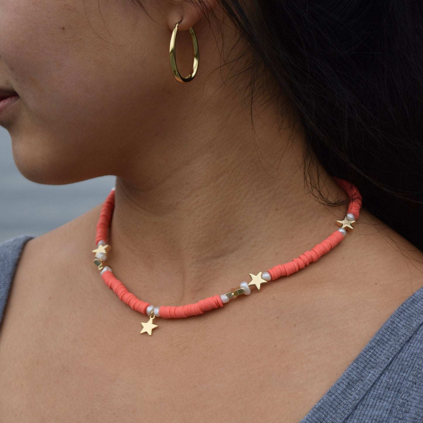 Coral Stars Heishi Necklace