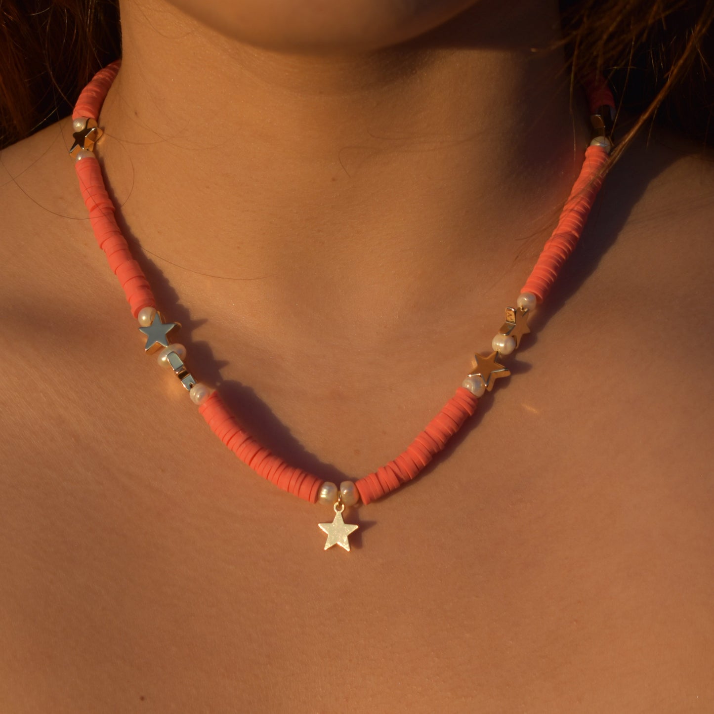 Coral Stars Heishi Necklace