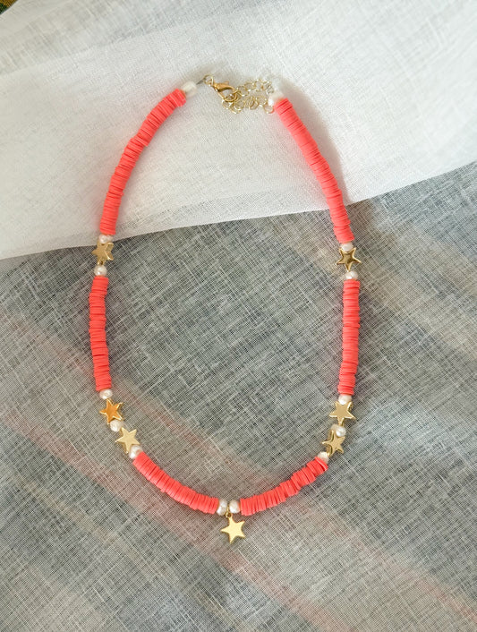Coral Stars Heishi Necklace
